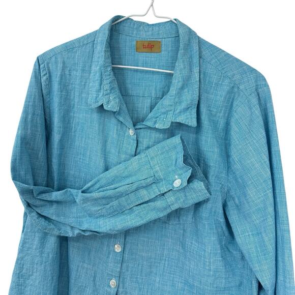 Tulip Blue Micro Stripe Shirt Cotton Long Sleeve Button Up Blouse - Picture 2 of 10